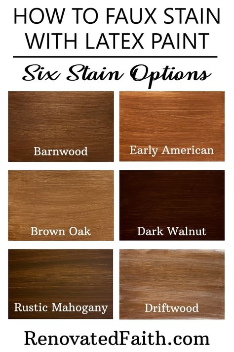 How to Faux Stain Furniture with Latex Paint If you want to stain a previously stained or painted furniture piece, check out this tutorial and video where I show you how to easily apply paint that looks like a stain with six color options. So everyone deals with stress in different ways and this year has absolutely been an “opportunity” to start some new hobbies for stress-relief. Most people have learned a new love for bike riding, working in the yard, or DIY projects. But… Painting Trim To Look Like Wood, How To Make Paint Look Like Stain, Paint Colors That Go With Rustic Wood, Stain Wood With Paint, Paint That Looks Like Cedar, Paint Colors That Look Like Wood Stain, Paint That Looks Like Stain Wood, Wood Stain Swatches, Walnut Colored Paint