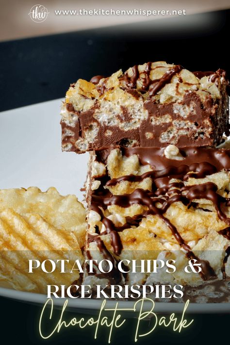 Potato Chip Bark Recipes, Potato Chip Rice Krispie Treats, Gourmet Rice Krispie Treats, Potato Chip Bark, Potato Chip Chocolate, Chocolate Bark Recipes, Rice Crispy Bars, Chocolate Potato Chips, Rice Krispie Bars