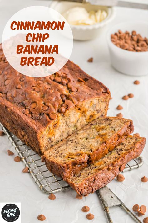 Cinnamon Chip Banana Bread recipe from RecipeGirl.com #cinnamonchips #cinnamon #banana #bread #bananabread #recipe #RecipeGirl Banana Bread With Cinnamon Chips, Banana Bread Recipe With Milk, Bread Recipe With Milk, Banana Bread Recipe With Oil, Recipe With Cinnamon Chips, Cinnamon Banana Bread Recipe, Cinnamon Baking Chips, Banana Bread With Cinnamon, Cinnamon Chip Recipes