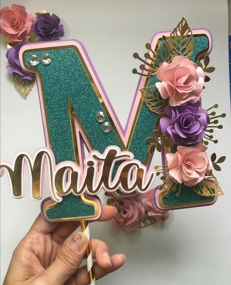 M Cake Topper, Valentine Card Crafts, Diy Cake Topper Birthday, Cricut Cake, Floral Cake Topper, Paper Mache Letters, 3d Cake Toppers, Cake Topper Ideas, Idee Cricut