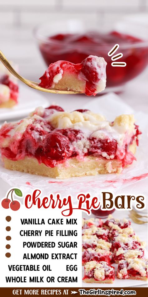 Cherry Pie Bars Recipe, Homemade Sugar Cookie Dough, Dessert For A Crowd, Cherry Pie Filling Recipes, Cherry Recipes Dessert, Pie Bars Recipe, Breakfast Bakes, Cherry Pie Bars, Almond Glaze