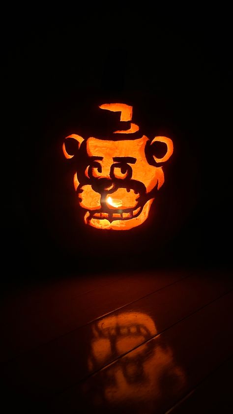 #freddyfazbear #fnaf #pumpkincarving Freddy Fazbear Pumpkin Carving, Wybie Pumpkin Carving, Freddy Pumpkin Carving, Fantastic Mr Fox Pumpkin Carving, Creepy Pumpkin Carving Ideas Easy, Jack O'lantern Ideas, Iconic Pumpkin Carving Ideas, Weird Pumpkin Carving Ideas, Crave Pumpkins Ideas