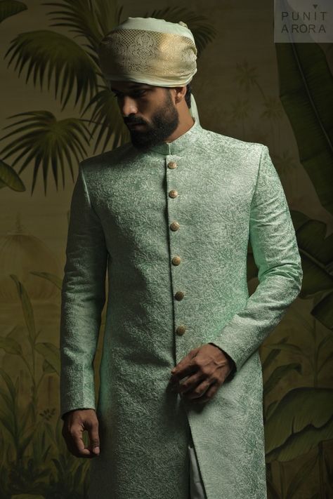 Sher Wani For Men, Green Sherwani Groom, Groom Indian Wedding Outfits, Green Sherwani, Nikkah Outfit, Man Dress Design, Blue Sherwani, Sherwani For Men Wedding, Wedding Kurta