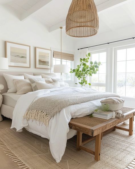 Dreaming of a bedroom that feels like a cozy escape? These light, airy, and beautifully layered designs are giving me all the relaxation vibes. 🍃 From the natural textures to the soft neutral tones, it’s all about blending comfort with style. I mean, can we take a moment to appreciate how the warm wood tones and woven details bring so much character? 😍⁣ ⁣ If you’re feeling inspired by these looks (and honestly, who wouldn’t be?), I can help you create something similar in your own home! Imagi... Farmhouse Bedroom Chandelier, Cottage Room Aesthetic, Neutral Coastal Bedroom, Bedroom Masculine, Coastal Farmhouse Bedroom, Distressed Wood Dining Table, Cottage Bath, Coastal Farmhouse Style, Bedroom Chandelier