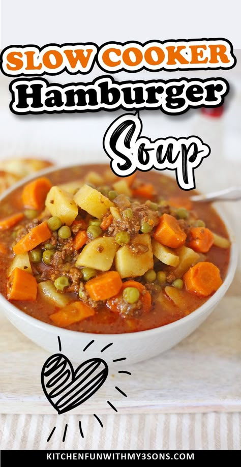 Slow Cooker Hamburger Soup is a hearty dinner recipe that's perfect for cold winter nights. #Recipes #Dinner Slow Cooker Hamburger Recipes, Hamburger Soup Crockpot, Slow Cooker Hamburger, Slow Cooker Hamburger Soup, Hamburger In Crockpot, Easy Hamburger Soup, Soup For Dinner, Crockpot Soups, Hamburger Stew