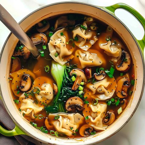 Dive into this delicious Shiitake and Potsticker Soup for a quick, nutritious meal that's bursting with flavor! Shiitake and Potsticker Soup Paleo Grilled Chicken, Potsticker Soup, Soup Recipes Easy, Creamy Tomato Basil Soup, Brunch Desserts, Mild Italian Sausage, Stewed Potatoes, Beef And Potatoes, Dutch Oven Recipes