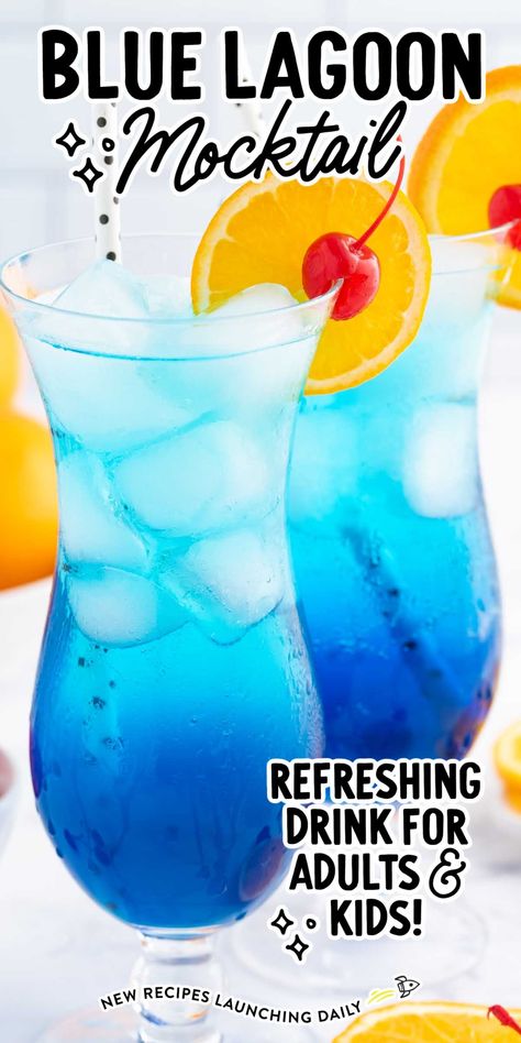 Our blue lagoon mocktail is a brilliant blue, tropical-flavored drink that is perfect for all ages. Moana Drink Ideas, Prom Drink Ideas, Blue Hawaiian Punch Recipe Non Alcoholic, Virgin Blue Lagoon, Blue Virgin Drinks, Blue Hawaiian Mocktail Recipe, Blue Punch For Kids, Fizzy Alcoholic Drinks, Blue Hawaiian Drink Recipe Non Alcoholic