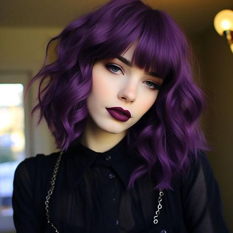 Purple Balayage With Bangs, Dark Purple Shoulder Length Hair, Costumes With Purple Hair, Dark Purple Ombre Hair, Purple Bob Hair, Witchy Hair Color, Purple Hair With Bangs, Wavy Shoulder Length Bob, Long Punk Hair