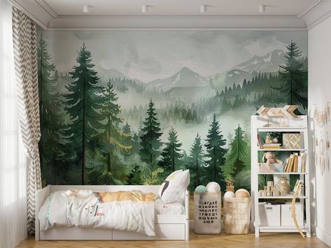 Rainforest Pine Tree Wallpaper, Watercolor Jungle Nursery and Kids Room Decoration, Watercolor Forest Nursery Wall Mural - Etsy Czech Republic Pine Tree Wallpaper, Forest Nursery Wall, Nursery 2024, Tree Mural Nursery, Diy Faux Brick Wall, Jungle Nursery Decor, Nature Room, Wallpaper Watercolor, Faux Brick Walls