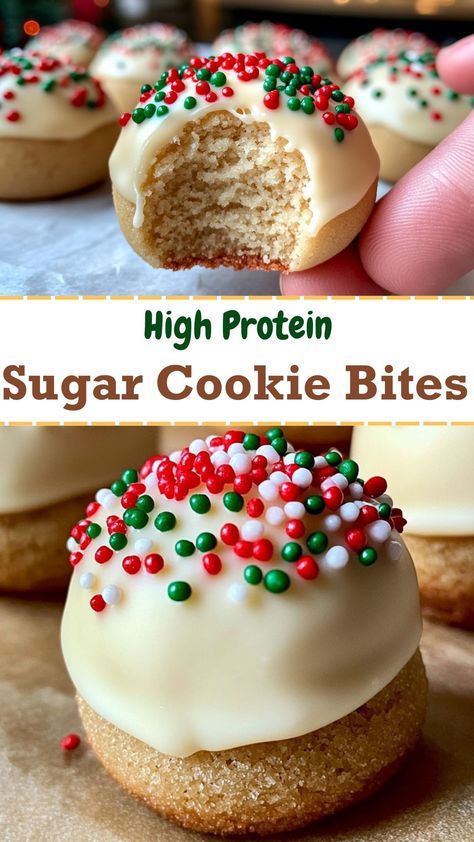 High Protein Sugar Cookie Bites Sugar Cookie Protein Balls, High Protein Sugar Free Desserts, Protein Powder Treats, Quick High Protein Snacks, Protein Balls With Protein Powder, Protein Cake Pops, Cookie Bites Recipe, Sugar Cookie Bites, Cookie Dough Yogurt