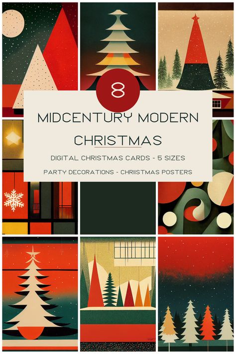 These 8 digital midcentury modern Christmas art prints have a retro style and would make a great addition to your Christmas party decorations. This vintage style collection of original artworks can be printed out to create a gallery art wall, or posted throughout the room to bring bold holiday vibes to your Christmas party. These designs also make perfect Christmas cards! Choose one of the 5 JPG sizes to print out, or use the SVG files to get creative and make your own. Midcentury Modern Christmas, Modern Christmas Art, Printable Christmas Art, Christmas Art Prints, Modern Christmas Card, Christmas Card Printable, Mid Century Modern Christmas, Minimalist Modern Art, Digital Christmas Cards