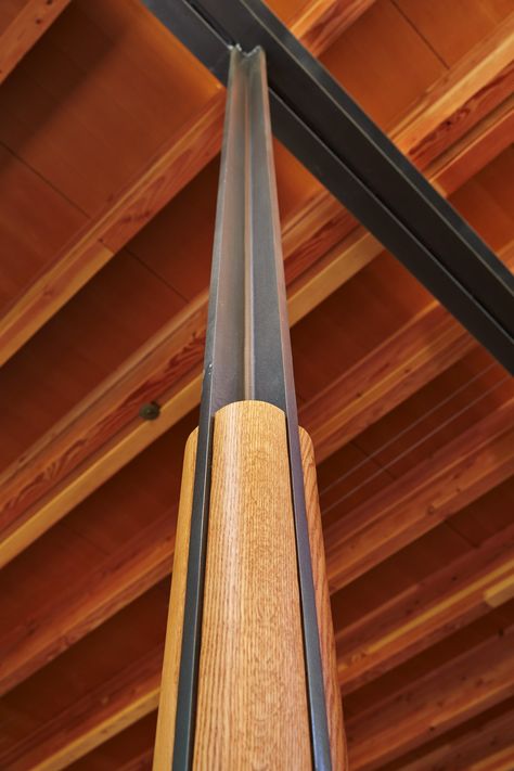 Towering trees are worked into the design of a Beaux Arts Village home | The Seattle Times Column Decoration Ideas, Column Cladding, Column Decoration, Wood Column, Steel Architecture, Metal Columns, Timber Architecture, Steel Columns, Column Design