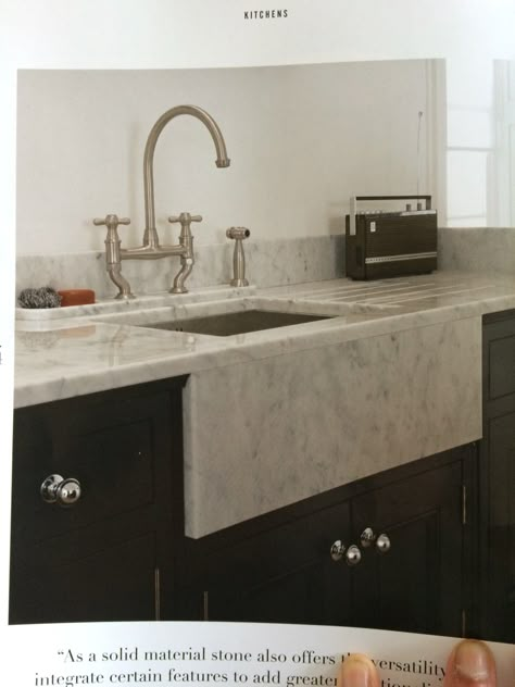 Great way to have the marble sink look on island - marble facade with drop in stainless steel sink. Also better for food disposal unit Stone Sinks Kitchen, Marble Sink Apron, Marble Farmhouse Sink, Stone Front Sink, Marble Apron Front Kitchen Sink, Stone Apron Sink, Marble Front Kitchen Sink, Marble Sink Kitchen, Green Kitchen Interior