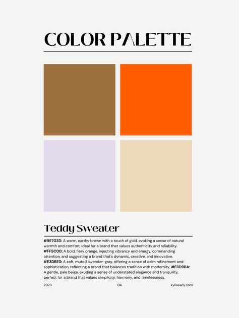 #9E703D A warm, earthy brown with a touch of gold, evoking a sense of natural warmth and comfort #FF5C00 A bold, fiery orange, injecting vibrancy and energy #E3DBED A soft, muted lavender-gray, offering a sense of calm refinement and sophistication #EBD9BA A gentle, pale beige, exuding a sense of understated elegance and tranquility #colorinpso #colorpalette #inspiration #inspo #design #color Warmth Color Palette, Color Pallete With Brown, Orange Beige Color Palette, Scandi Color Palette, Orange Brown Color Palette, Brown Color Combo, Season Palette, Brown And Lavender, Holiday Color Palette