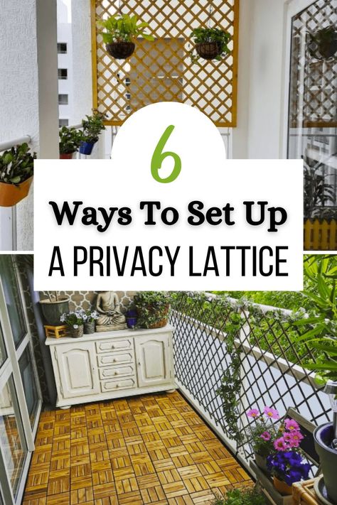 Using a lattice for privacy is just one of the product’s many functions. While you’ll get the best results if you grow plants up, this isn’t always necessary, unlike with a trellis. Surprisingly, there are plenty of ways to use a privacy lattice on a balcony. To help get you inspired, we’ll cover a bunch of different ways to set up a lattice for privacy. Patio Lattice Privacy Ideas, Hanging Lattice Panels, Trellis Ideas For Privacy Balcony, Hanging Privacy Panels, Lattice Panels Privacy Screens, Lattice Panel Ideas, Privacy Porch Ideas Apartment Balconies, Decorating Lattice Ideas, Outdoor Lattice Ideas