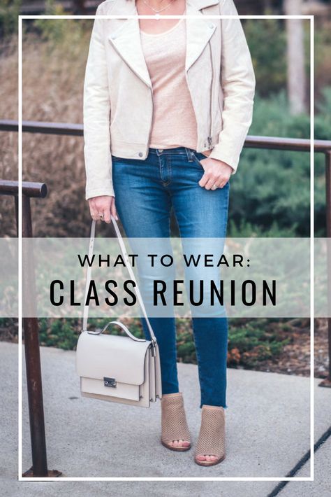 What to Wear to a Class Reunion: With fall on the horizon, class reunions are coming up, and this is definitely an occasion that requires some thought and planning. Of course we want to want to look modern and stylish if we’re going to be seeing people we went to school with 20, 25, or 30 years ago, so here are some outfit ideas for various types of class reunion events. #fashion #outfits #outfitideas #momfashion What To Wear To 20 Year Class Reunion, High School Reunion Outfit Fall, 40 Year Reunion Outfits, Casual Reunion Outfit Fall, 30 Year Class Reunion Outfit, 20 Year Class Reunion Ideas Outfits, 30th High School Reunion Outfit, 20th Highschool Reunion Outfit, What To Wear To Class Reunion