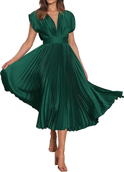 MASCOMODA Elegant Satin V Neck Pleated Midi Dress Short Sleeve Formal High Waisted Flowy Long Summer Dresses for Women 2023 (Dark Green, XX-Large) at Amazon Women’s Clothing store Pleated Dress Midi, Elegant Green Dresses, Midi Dress Short Sleeve, Long Flowy Dress, Green Satin Dress, Midi Dress Formal, Theme Dress, Elegant Dresses For Women, Midi Dress Party