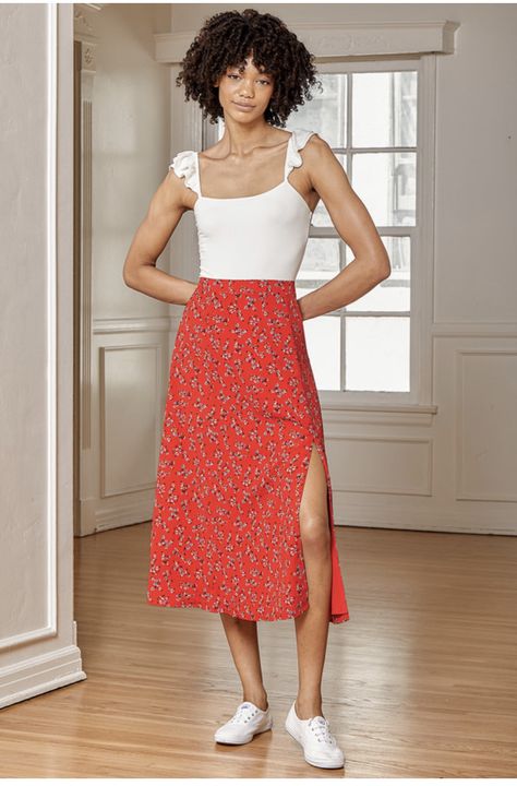 Long Red Skirt Outfit Summer, Red Skirt Outfit Summer, Red Long Skirt Outfit, Long Red Skirt Outfit, Red Maxi Skirt Outfit, Red Midi Skirt Outfit, Floral Print Skirt Outfit, Red Skirt Outfits, Printed Skirt Outfit