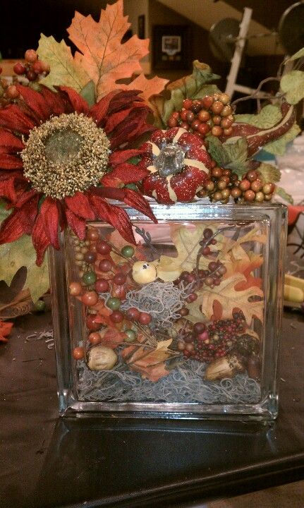 Fall glass block with bird Square Glass Block Ideas, Scarecrow Glass Block, Thanksgiving Glass Blocks, Glass Block Crafts Night Lights, Glass Block Crafts Sculptures & Statues, Small Watering Can, Glass Block Crafts, Organic Compost, Glass Cube