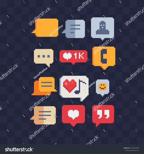 Web symbols pixel art speech bubble icons set. Like, message, dialogue, comics, call, communication sign Isolated vector illustration. Game assets 8-bit sprite. Element design for mobile app, web. dialogue#message#set#communication Pixel Art Dialogue, Call Icon, Element Design, Pixel Perfect, Speech Bubble, 8 Bit, Game Assets, Royalty Free Photos, New Pictures