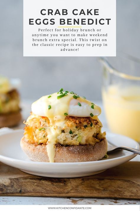 Crab Cake Eggs Benedict on a plate with homemade hollandaise sauce. Crab Cake Eggs Benedict Recipe, Dungeness Crab Cakes, Crab Cake Benedict, Easy Hollandaise, Easy Hollandaise Sauce, Easy Eggs Benedict, Eggs Benedict Recipe, Egg Benedict, How To Make Eggs