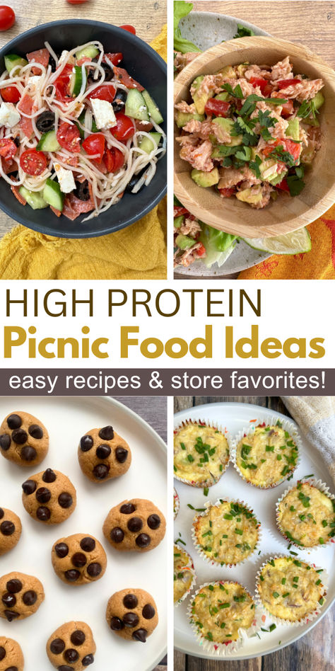 Images of 4 high protein picnic dishes High Protein Picnic Foods, Picnic Food Ideas Low Carb, Low Calorie Picnic Food, Easy Protein Recipes, Low Carb Picnic, Healthy Beach Snacks, Easy Protein Meals, Healthy Picnic, Beach Snacks