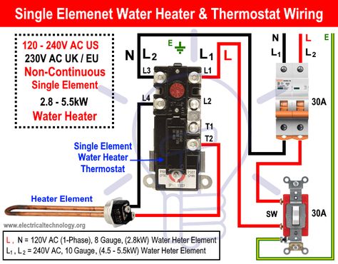 Single Element Electric Water Heater Thermostat Wiring Diagram. 120V, 230V and 240V AC Water Heater Connection and Installation. Heater Element Wiring. Tankless Water Heater Electric, Electrical Panel Wiring, Water Heater Thermostat, Diy Heater, Ac Wiring, Bathroom Heater, Water Heater Installation, Home Electrical Wiring, Thermostat Wiring