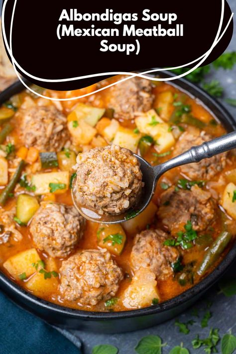 Albondigas soup is a hearty and comforting Mexican soup made with flavorful, juicy meatballs in a delicious tomato-based broth. It’s also packed full of veggies for a balanced meal the entire family will enjoy. Instapot Albondigas Soup Recipe, Mexican Aboldingas Soup, Albondigas With Turkey Meat, Abondagus Soup Recipe Easy, Chicken Albondigas Soup Recipe Mexican, Authentic Mexican Albondigas Soup, Vegan Albondigas Soup, Star Soup Mexican, Ablongdigas Mexican Soup