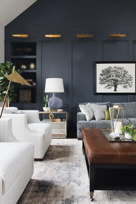 Dark Moody Living Room, Moody Living Room, Walls Ideas, Blue Accent Walls, Room Brown, Accent Walls In Living Room, Mid Century Living Room, Trendy Living Rooms, Blue Accent