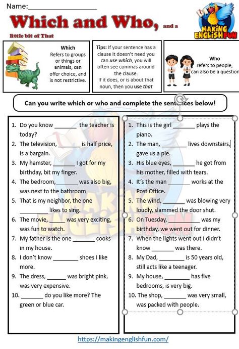 Which vs. Who: Master Relative Pronouns with Our Free Worksheet! 📚✏️

Hone your understanding of 'which' and 'who' with our specialized Relative Pronouns Worksheet! Designed to clarify when and how to use these crucial words correctly, this resource is perfect for enhancing writing clarity and comprehension skills. Ideal for students and ESL learners aiming to polish their English grammar.

#WhichVsWho #GrammarWorksheets #EnglishLearning #FreeResources Relative Pronouns Worksheet, Pronouns Worksheet, Prefix Worksheet, Relative Pronouns, Comprehension Skills, English Fun, Middle School English, School English, Words To Use