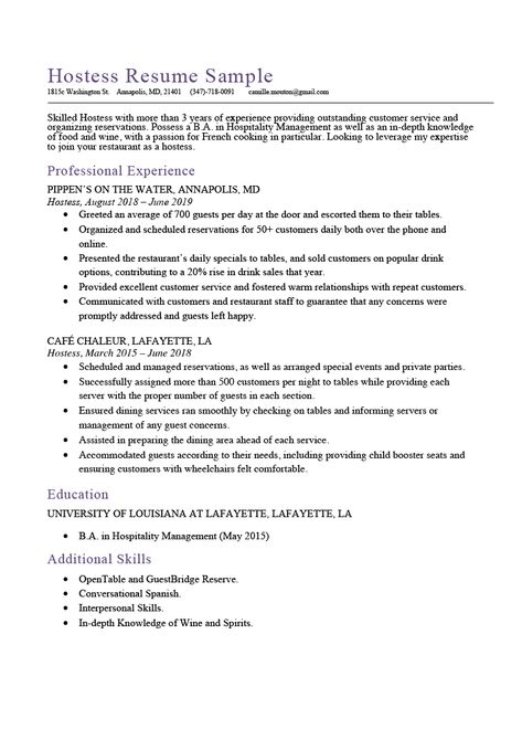 Hostess Resume Sample & Expert Writing Tips | Resume Genius Restaurant Hostess, Server Resume, Career Coaching, Resume Help, Executive Resume, Resume Sample, Hospitality Management, Interpersonal Skills, Job Resume