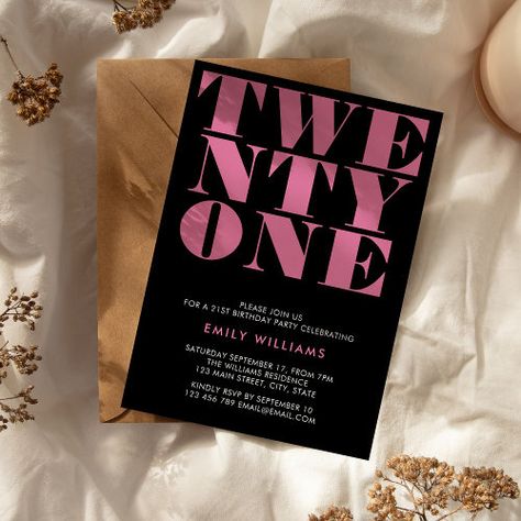 $2.93 | Modern Elegant Black and Pink Bold 21st Birthday - 21st birthday, modern, elegant, twenty one, bold typography, trendy stylish, contemporary, unique, 21st birthday invitation, pink black Black And Pink 21st Birthday, Black And Pink Theme Party, Black And Pink Invitation, Pink And Black Party Theme, Pink Birthday Theme, Unique Birthday Invitations, Orange Invitation, Hot Pink Birthday, 21st Ideas