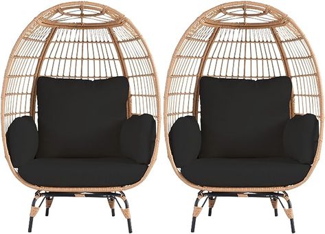 Roll over image to zoom in OTSUN Egg Chair Set of 2, Oversized Wicker Egg Basket Chair with 4 Cushions, 440lb Capacity, Outdoor Indoor Lounger for Living Room, Patio, Balcony, Backyard, Black Modern Outdoor Lounge, Bathtub Shower Doors, Basket Chair, Living Room Patio, Loungers Chair, Patio Balcony, Egg Basket, Black Cushions, Patio Seating