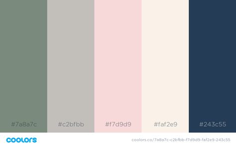 Color Palette - neutrals, blush, navy, gray and soft moss greens Navy Blush Color Palette, Navy And Pink Bathroom Ideas, Color Schemes Navy Blue, Sage Green Navy Blue Blush Pink Bedroom, Sage Navy Blush Color Palette, Navy Pink Green Color Palette, Blue Green Grey Pink Color Palette, Navy And Blush Palette, Blue Green Tan Pink Color Palette