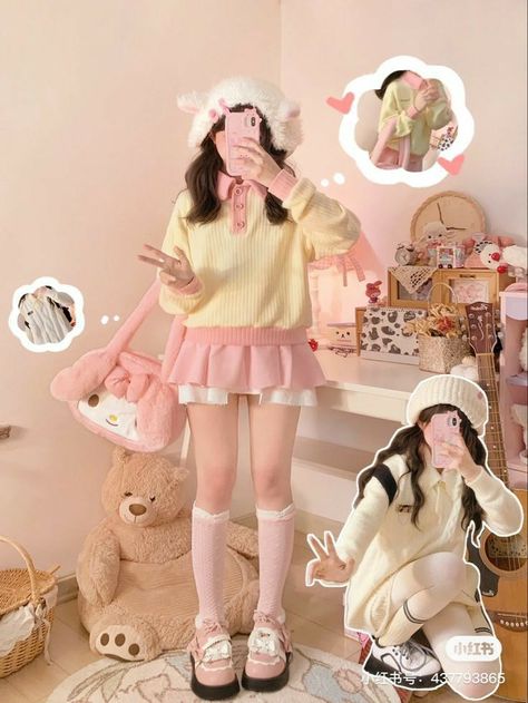 Pink Outfits Korean, Pastel Cute Outfits, Aesthetic Pastel Yellow, Cute Outfits Pastel, Outfit Inspo Korean, Pastel Aesthetic Outfit, Pink And White Outfit, Cute Kawaii Outfits, Cute Pink Outfits