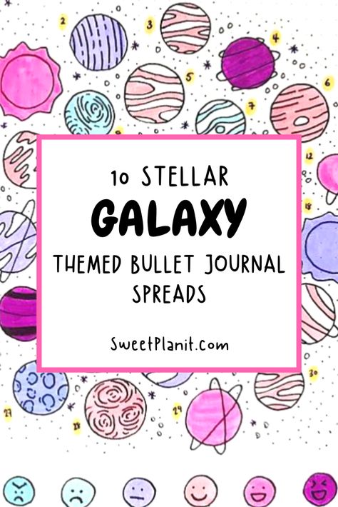 For out-of-this-world bullet journaling, create galaxy theme spreads! Page ideas include cover pages, weekly and monthly spreads, as well as habit and mood trackers. #bulletjournal #bulletjournaling #galaxy #theme #bujoinspiration Monthly Ideas, Girls Lounge, Paper Aesthetic, Journal Weekly, Bullet Journal Spreads, Journal Layouts, Creating A Bullet Journal, Journal Notes, Watercolor Circles