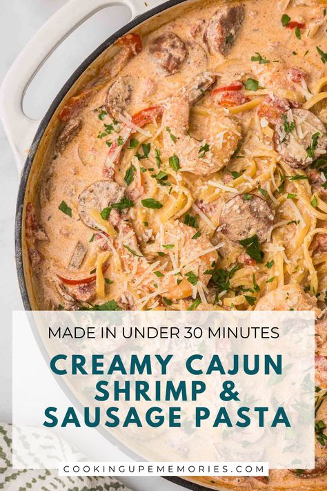 This Creamy Cajun Shrimp and Sausage Pasta is easy to make in under 30 minutes and always a family favorite! Cajun Wings Recipe, Cajun Shrimp And Sausage Pasta, Cajun Spice Recipe, Cajun Seafood Pasta, Cajun Shrimp And Sausage, Shrimp And Sausage Pasta, Creamy Cajun Shrimp, Cajun Sausage Pasta, Creamy Cajun Pasta