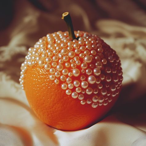 An Orange and Pearls covered partially with small white pearls sits on a silky fabric background Fruits Photography Creative, Infinity Photo, Pearls Photography, Library Art, Media Photography, Mixed Media Photography, Fruit Photography, Candle Mirror, Vintage Tableware