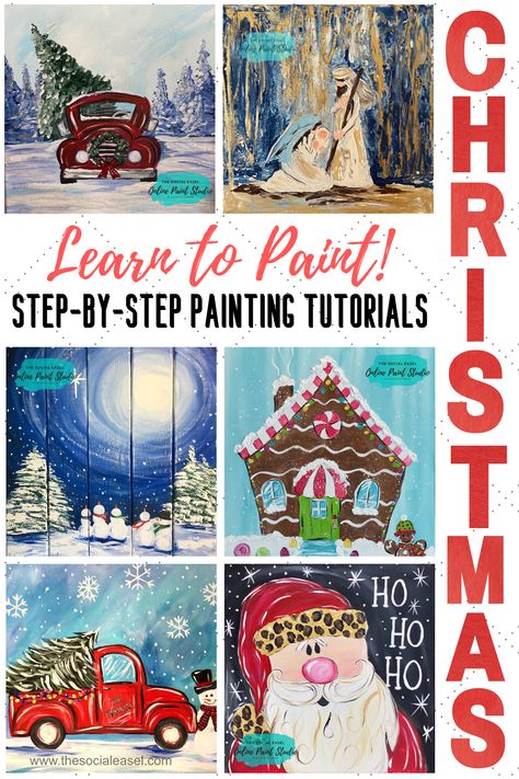 Social Easel, Paintings Christmas, Diy Christmas Paintings, Paint Studio, Christmas Drawings, Christmas Canvas Art, Christmas Paintings On Canvas, Canvas Painting Tutorials, Simple Canvas Paintings