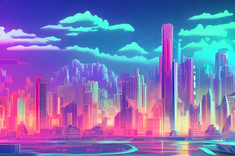 Blue pink cityskyline Colorful City Aesthetic, Colorful City, Pink City, Neon City Drawing, Pink And Blue City Aesthetic, Neon City, Cyberpunk Cityscape Wallpaper, Pink Cityscape, Neon City Background