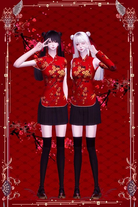 ❀ Yue Hai Qipaos ❀ Sims 4 Game Packs, Qipao Top, Chinese New Year Outfit, Hanfu Men, Chinese Shirt, Kimono Outfits, Tumblr Sims 4, Happy Lunar New Year, Sims 4 Dresses