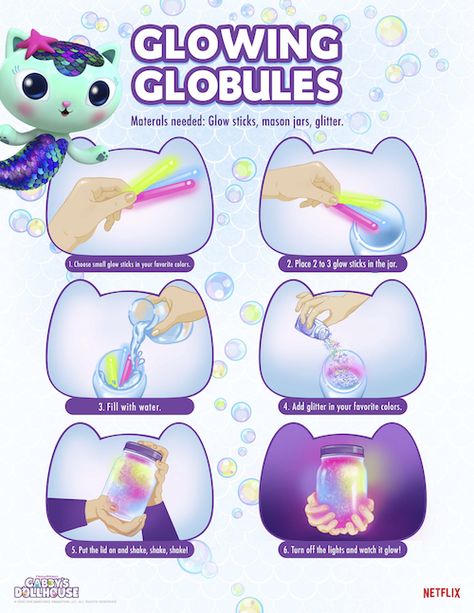 Find out how to make glowing globules from Gabby's Dollhouse with this fun and easy glow in the dark craft idea! Gabbys Dollhouse Birthday, Gabby's Dollhouse Party, Gabby Dollhouse Party, Gabby Party, Gabby's Dollhouse Birthday, Gabby Birthday, Gabby Cat, Dollhouse Crafts, Gabby Dollhouse