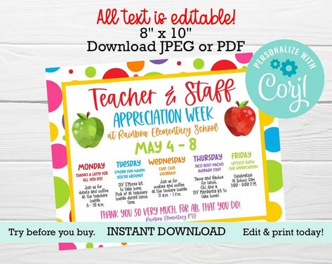 Staff appreciation week | Etsy Picnic Teacher Appreciation Theme, Apple Teacher Appreciation Printable, Breakfast Teacher Appreciation, Teacher Appreciation Lunch Theme, Teacher Appreciation Breakfast Sign, Teachers Week, Staff Appreciation Week, Editable Calendar, Weekly Calendar