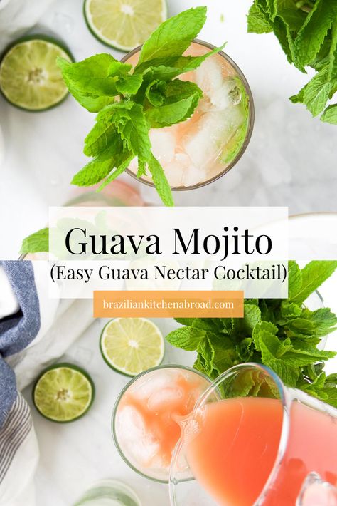 These Guava Mojitos are so refreshing and easy to make. Made with white rum, lime juice, fresh mint, guava nectar and simple syrup, this guava cocktail recipe sings of tropical flavors! Just a sip will help you escape to a tropical paradise. - Makes 2 drinks and easy to double! Guava Cocktail Recipes, Guava Cocktail, Guava Mojito, Avocado Dressing Recipe, Guava Nectar, Passion Fruit Margarita, Avocado Lime Dressing, Classic Margarita Recipe, Creamy Avocado Dressing