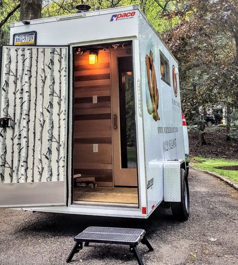 Like many custom sauna builders, Warm Timber built a mobile unit to show off their craft, and spread help spread the practice in their community.  This one-of-a-kind mobile sauna has all cedar interior with double benches, changing room, and a wood burning stove for the true Finnish sauna experience anywhere in the greater Pittsburgh area.  The sauna is perfect for family events, corporate outings, or just a friendly outing or couples retreat. Sauna On Trailer, Custom Sauna, Cedar Interior, Home Saunas, Mobile Sauna, Sauna Shower, Couples Retreat, Finnish Sauna, Couples Retreats