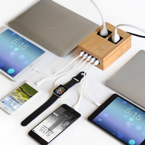 USB+AC Power Hub - 5 USB & 2 AC Outlets with 4.5' Cord Nightstand Charging, Best Charging Station, Multi Charging Station, Charger Ideas, Useful Stuff, Wood Usb, Tech Organization, Usb Design, Wall Outlet