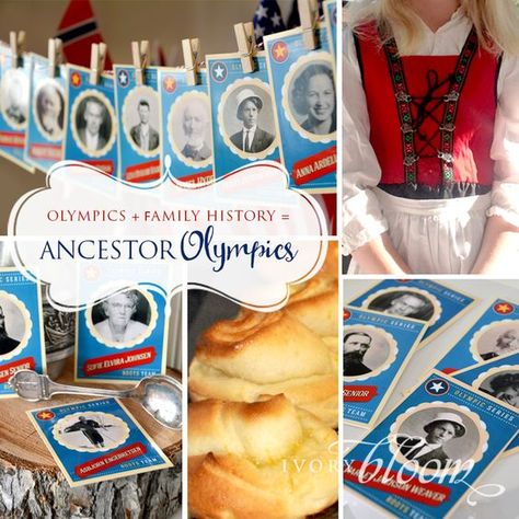 Incorporate family history into your #olympic #celebrations Perfect for kids! You could go ALL out and celebrate the entire two weeks, or just pick one day to do something fun. Ancestor cards, free download #printable #famiyhistory #ancestors #children #kids #olympics #ivorybloom Temple And Family History Ward Activities, Family History Fair Ideas, Family History Activities, Family History Printables, Lds Relief Society Activities, Kids Olympics, History Games, Family History Projects, Family Printables