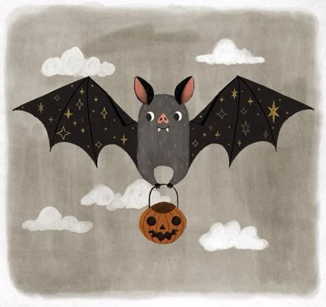 Cute Bat Illustration, Halloween Illustration Cute, Fall Illustration Art, Annya Marttinen, Cute Halloween Illustration, Paintings Halloween, Halloween Art Drawing, Art Print Quotes, Ghost Artwork