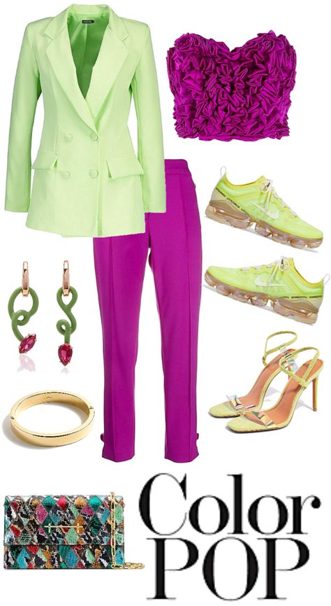 Majenta Color Outfit, Purple Date Night Outfit, Lime Green Color Combinations Outfit, Lime Outfit Color Combinations, Violet Blazer Outfit, Magenta Outfit Color Combos, Lime Green Shoes Outfit, Lime Green Blazer Outfit, Purple And Green Outfits