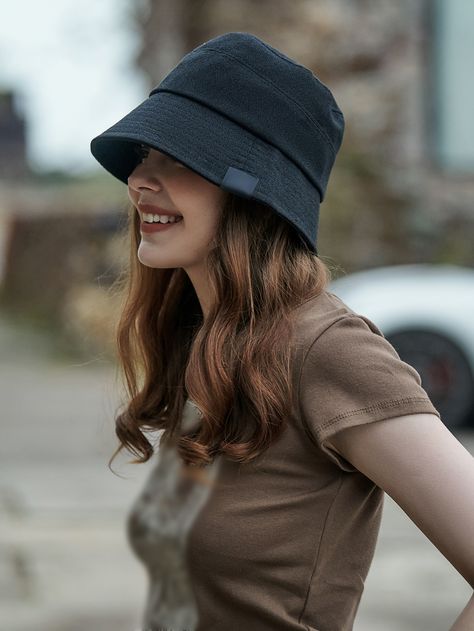 Black Casual   Cotton Plain Bucket Hat Embellished  Spring/Fall Women Accessories Women’s Bucket Hat Outfit, Bucket Hat Outfit Black Women, Bucket Hat Outfit Aesthetic, Black Bucket Hat Outfit, Bucket Hat Inspo, Bucket Hat Aesthetic, Topi Bucket, Bucket Hat Outfit, Bucket Hat Style